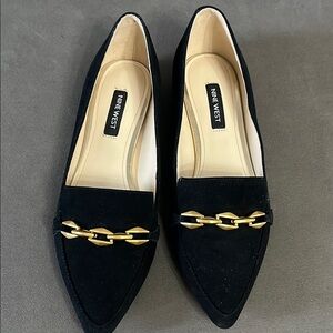 Nine West Black and Gold Chain Detail Flats suede